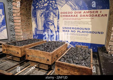 Eine Darstellung des Gewichtsunterschieds verschiedener Kohletypen und auch ein Hinweis auf Kinderarbeit. Im Big Pit National Coal Museum in Pontypool, Wal Stockfoto