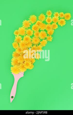 Dandelion Blume kreativen Frühling abstraktes Konzept mit Pinsel. Gesunde Nahrung für natürliche pflanzliche Medizin. Wichtig für Bienenpollennektar. Stockfoto