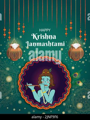 Happy Krishna Janmashtami Hintergrund mit Matki, Makhan, Flöte, Pfauenfeder. Dahi Handi Mandala Hindu Festival Vertical Poster Design. Website, Flyer, Banner, Social-Media-Post-Vektor-Illustration Stock Vektor