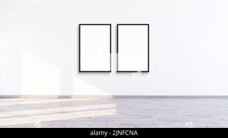 Zwei leere, vertikale, moderne, schwarze Rahmen in einem weißen Raum, 3D Darstellung eines weißen Wandinnenraums Stockfoto