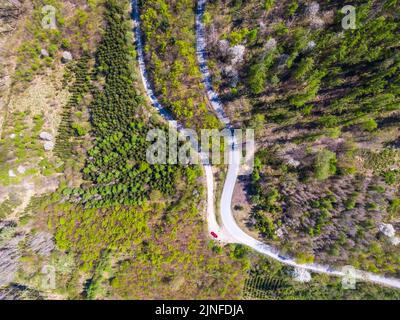 Luftaufnahme von oben nach unten Drohne der Kurvenstraße im Wald. Stockfoto