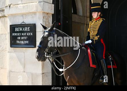 London, Großbritannien. 11. August 2022. London, Großbritannien. Die berittenen Posten der Königstruppe Horse Artillery kämpften mit der Hitze, als die Temperaturen im Zentrum Londons 33 Grad erreichten. Parade Der Pferdewächter, Whitehall. Kredit: michael melia/Alamy Live Nachrichten Stockfoto