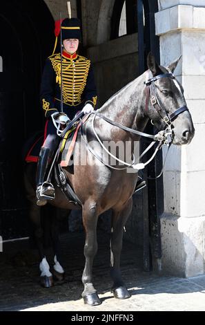 London, Großbritannien. 11. August 2022. London, Großbritannien. Die berittenen Posten der Königstruppe Horse Artillery kämpften mit der Hitze, als die Temperaturen im Zentrum Londons 33 Grad erreichten. Parade Der Pferdewächter, Whitehall. Kredit: michael melia/Alamy Live Nachrichten Stockfoto