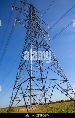 Generisches Bild vom August 10. zeigt Strommasten in Cambridgeshire, während die Stromkrise anzieht, fast ein Viertel der Haushalte bereits £206 mit weiteren Preissteigerungen im Herbst. Stockfoto