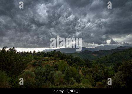 Sturmwolken über dem Berg Montseny, von Sant Hilari Sacalm aus gesehen (La Selva, Girona, Katalonien, Spanien) ESP: Nubes de tormenta sobre la monta Stockfoto