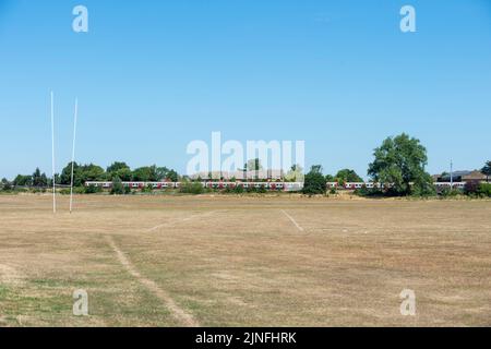 London, Großbritannien. 11. August 2022. Wetter in Großbritannien – ausgetrockte Spielfelder im Northwick Park im Nordwesten Londons. Das Met Office hat in England und Wales eine bernsteinfarbene extreme Hitzewarnung herausgegeben, die den Rest der Woche andauert, wenn die Temperaturen voraussichtlich über 30C Grad steigen werden. Das Risiko von Waldbränden bleibt hoch, da der trockenste Bann in England seit 46 Jahren anhält und die Erwartung besteht, dass morgen eine Dürre offiziell vom Umweltbundesamt ausgerufen wird. Kredit: Stephen Chung / Alamy Live Nachrichten Stockfoto