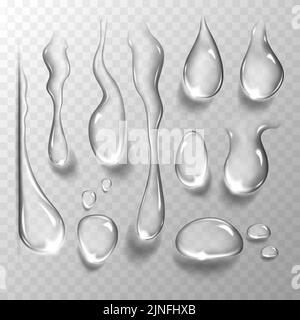 Set von Wassertropfen auf transparentem Hintergrund. Vektorgrafik. Stock Vektor