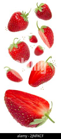 Erdbeerschweben auf einem weißen isolierten Hintergrund. Ganze Stücke Erdbeeren und geschnitten Stockfoto