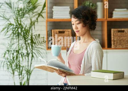 Porträt einer hübschen japanischen Frau in der Taille, die oben und in der Strickjacke sitzt und im gemütlichen Wohnzimmer Kräutertee trinkt und Abenteuergeschichte liest Stockfoto