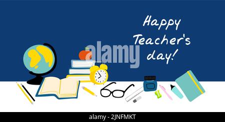 Happy Teachers Day Illustration mit Schulbedarf Wecker, Globus, Notizbuch, Bleistift, Glas, Bücher Stock Vektor