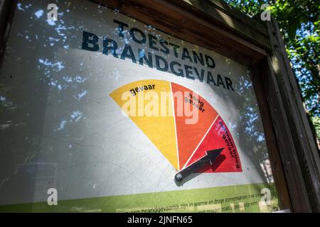 Kalmthout, Belgien. 11. August 2022. Am Donnerstag, den 11. August 2022, ist im Naturschutzgebiet Kalmthoutse Heide in Kalmthout ein Warnschild vor extremer Brandgefahr zu sehen. BELGA FOTO JONAS ROOSENS Kredit: Belga Nachrichtenagentur/Alamy Live News Stockfoto