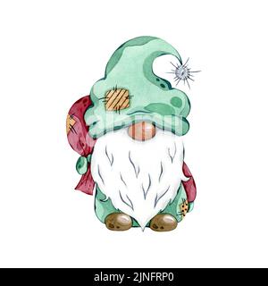 Aquarell skandinavische Folklore-Elfe, nordisches weihnachtsmotiv, isoliert auf weißem Hintergrund, handbemalte Illustration, weihnachtsgnome mit Sack. Stockfoto