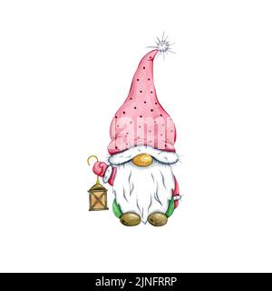 Aquarell niedlicher Gnom mit Nachtlicht. nordisches weihnachtsmotiv, isoliert auf weißem Hintergrund, handgezeichnete Illustration von weihnachtsgnome. Stockfoto