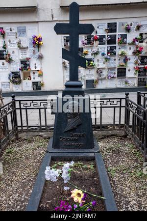 27. November 2021, Moskau, Russland. Denkmal am Grab des sowjetischen Schauspielers Vitaly Solomin auf dem Wagankowski Friedhof in Moskau. Stockfoto