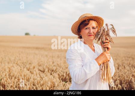 Lächelnde ältere Frau hält Weizenbündel im Sommerfeld bei Sonnenuntergang. Ernte in der Ukraine. Landwirtschaft und Landwirtschaft. Ukrainisches Symbol Stockfoto