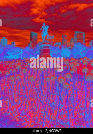 Boston Skyline und das George Washington Monument im Public Garden in Boston, Massachusetts Stockfoto