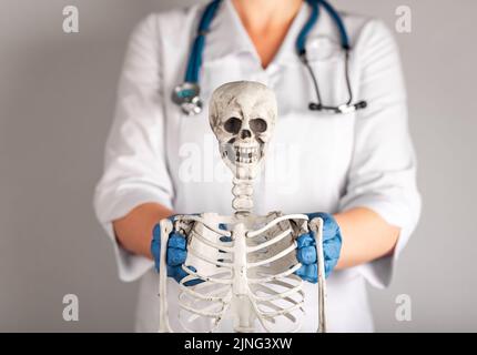 Arzt zeigt menschliches Skelett. Frau im Labormantel mit Stethoskop, die den Studenten Anatomie beibringt. Anatomie des Skelettsystems, Körperstruktur, medizinische Ausbildung Stockfoto