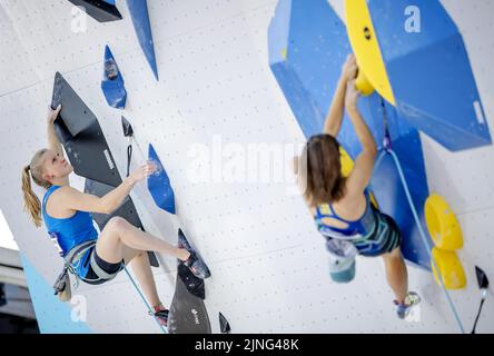 MUNCHEN - Lynn van der Meer in Aktion während der Führung (oder Führung) des Sportkletterns (f) am ersten Tag der Mehreuropameisterschaft. Die deutsche Stadt München wird 2022 eine kombinierte Europameisterschaft verschiedener Sportarten veranstalten. ANP ROBIN VAN LONKHUIJSEN Stockfoto