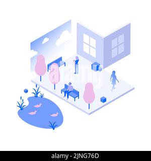 Isometrischer Park in Metaverse Reality. Grafische Abstrakte Naturillustration. Vektorgrafik Stock Vektor