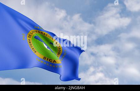 Organisation Flagge Central American Integration System auf dem Hintergrund der Wolken, Stoff Flagge CAIS, blauer Himmel Hintergrund mit CAIS Flagge, 3D Arbeit und 3 Stockfoto