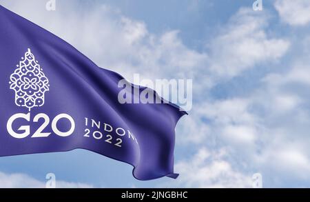 Organisationsflagge G20 Mitgliedschaft auf dem Hintergrund von Clouds, Stoffflagge G20 Mitgliedschaft, blauer Himmel Hintergrund mit G20 Mitgliedsflagge, 3D Arbeit und 3 Stockfoto