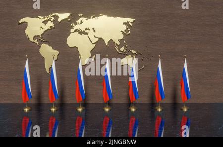 Russland Flaggen, Flagge Russlands, Gipfel Russland und Kartenwelt an der Wand, 3D Arbeit und 3D Illustration Stockfoto