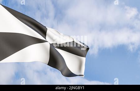 Nationalflagge Ceuta auf dem Hintergrund der Wolken, Stoffflagge Ceuta, blauer Himmel mit Ceuta-Flagge, 3D Arbeit und 3D Bild Stockfoto