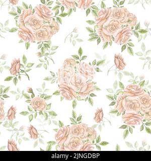 Muster mit Rosen. Aquarellrosen. Nahtloses Muster mit Blumen. Blumenmuster. Hintergrund mit Rosenrosen. Stockfoto