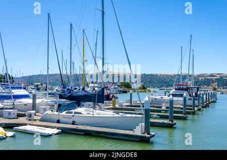 In Benicia Marina in Kalifornien, USA, vertäuten Vergnügungsboote gegen einen Ponton Stockfoto