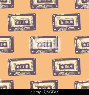 Audiokassettenband graviert nahtloses Muster. Vintage Musikkassette im handgezeichneten Stil. Skizzenstruktur für Stoff, Tapete, Textil, Druck, Stock Vektor