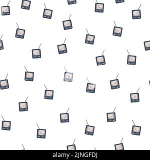 Retro-Fernseher mit gravierten, nahtlosen Antennenmustern. Vintage-Fernseher im handgezeichneten Stil. Skizzenstruktur für Stoff, Tapete, Textil, Druck, Titel, Stock Vektor