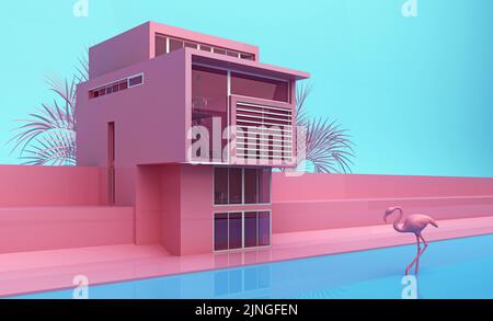 Minimalistisches, modernes Privathaus in Pink mit Flamingos. 3D Rendern Stockfoto