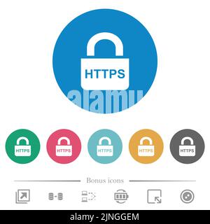 Sichere, flache weiße HTTPS-Symbole auf runden Farbhintergründen. 6 Bonus-Symbole enthalten. Stock Vektor