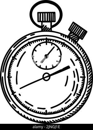 Stoppuhr wurde isoliert skizziert. Zeitschaltuhr im handgezeichneten Stil. Gravierte Gestaltung für Poster, Marketing, Print, Buchillustration, Logo, Symbol, Tattoo. Vintage V Stock Vektor