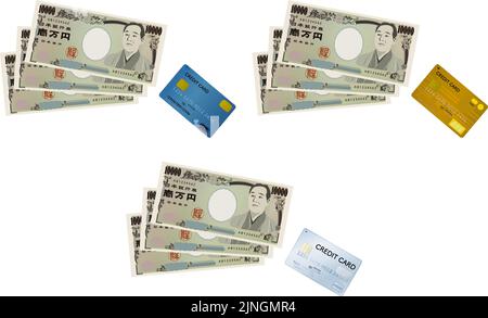 Drei Arten von Bildern, Bargeld und Kreditkarte (blau, Gold, Platin) Illustration-Set Stock Vektor