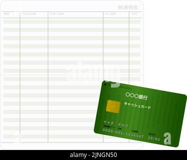 Geöffnet Passbook und Cash Card Übersetzung: Normale Einzahlungsübersicht Zahlungsbetrag Einzahlungsbetrag Saldo Bankkarte Taro Yamada Stock Vektor
