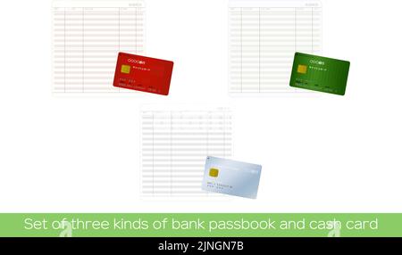 Geöffnet Passbook und Cash Card Übersetzung: Normale Einzahlungsübersicht Zahlungsbetrag Einzahlungsbetrag Saldo Bankkarte Taro Yamada Stock Vektor