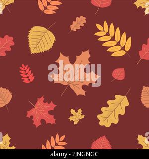 Set von bunten Herbstbaum Blätter Muster. Ahorn, Birke, Eiche, Eberesche. Wunderschöne Blattverzierung. Design Textur für Stoff, Textil, Postkarte, Etikett, Stock Vektor