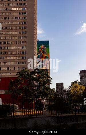 Paris, Frankreich - 13. Juli: Ansicht des riesigen Wandbildes mit dem Titel die Neue Mona Lisa von Okuda San Miguel im Pariser Arrondissement 13. auf Ju Stockfoto