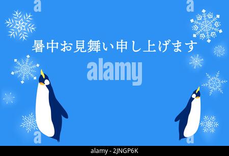 Sommergruß: Pinguine und Illustrationen des blauen Hintergrunds von Schneekristallen - Übersetzung: Viel Glück im Sommer. Stock Vektor