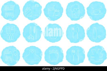 Grob handgeschriebenes Aquarell-Stil Icon-Set: Shopping und Essen Vektor-Illustration Blau auf Weiß Stock Vektor