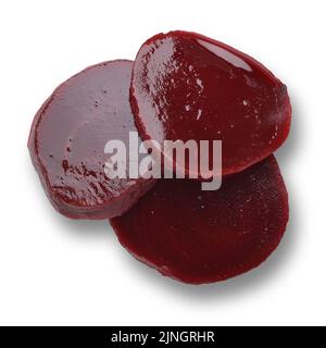 Eingelegte rote Bete Scheiben auf weißem Hintergrund Schuß von oben Stockfoto