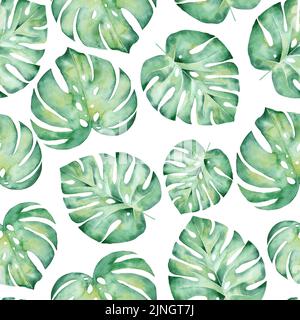 Aquarell-Nahtloses Muster mit tropischen Blättern: Palmen, Monstera. Schöner Allover-Druck mit handgezeichneten exotischen Pflanzen. Stockfoto