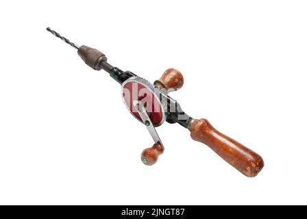 Ein alter gebrauchter Bohrer, isoliert auf Weiß, mit ausgeschnittenem Pfad Stockfoto