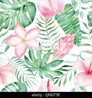 Aquarell-Nahtloses Muster mit tropischen Blättern: Palmen, Monstera. Schöner Allover-Druck mit handgezeichneten exotischen Pflanzen. Stockfoto