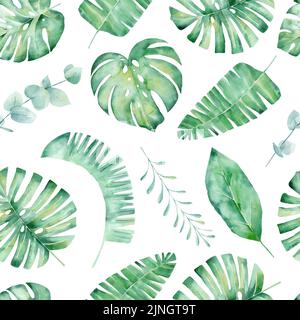 Aquarell-Nahtloses Muster mit tropischen Blättern: Palmen, Monstera. Schöner Allover-Druck mit handgezeichneten exotischen Pflanzen. Stockfoto