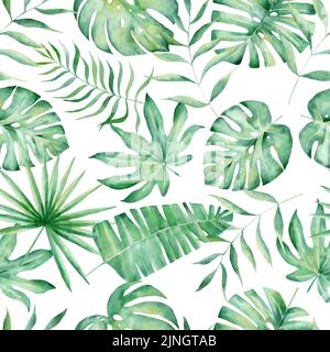 Aquarell-Nahtloses Muster mit tropischen Blättern: Palmen, Monstera. Schöner Allover-Druck mit handgezeichneten exotischen Pflanzen. Stockfoto