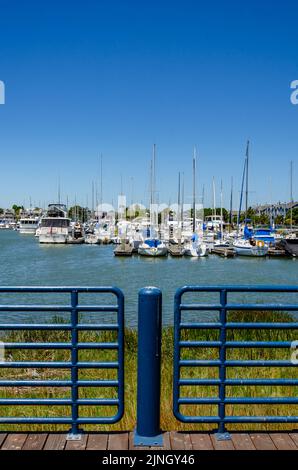 In Benicia Marina in Kalifornien, USA, vertäuten Vergnügungsboote gegen einen Ponton Stockfoto