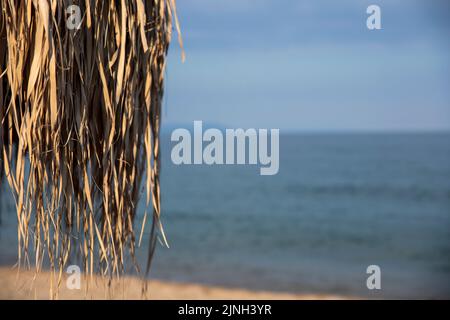 Sonnenschirm aus Palmenblättern am Strand. Tropischer Stil Stockfoto