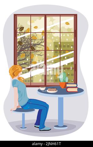 Blonde Mädchen sitzen auf einem Stuhl und Blick auf den Baum mit fallenden Blättern und Gebäuden hinter dem Fenster, regnerischen Herbst Tag Illustration. Stock Vektor